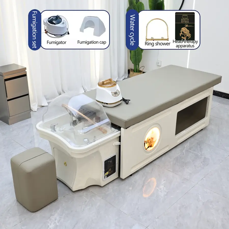 Modern high-end shampoo bed with storage space and footstool, ergonomic spa salon shampoo bed, equipped with a shampoo basin, — image 8