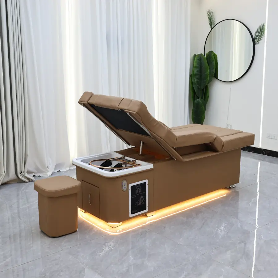 Electric lifting head hair treatment bed with foot bath two in one, water circulation hair care fumigation, luxurious khaki SPA — image 4