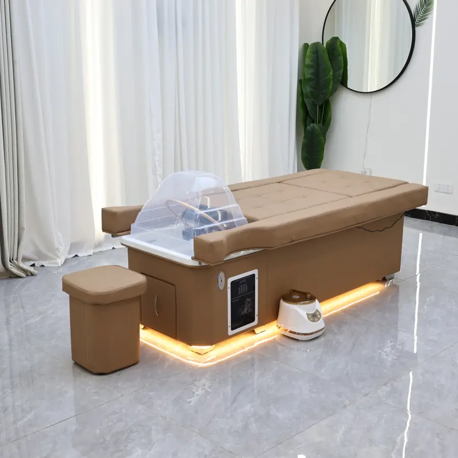 Electric lifting head hair treatment bed with foot bath two in one, water circulation hair care fumigation, luxurious khaki SPA — image 5