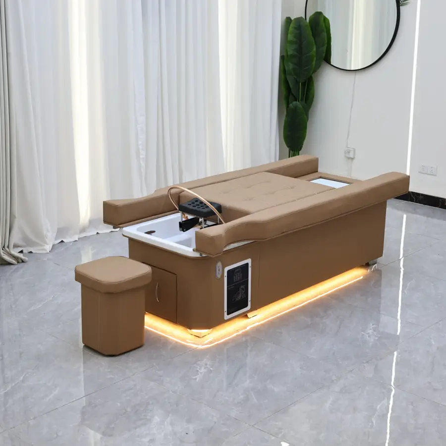 Electric lifting head hair treatment bed with foot bath two in one, water circulation hair care fumigation, luxurious khaki SPA — image 6