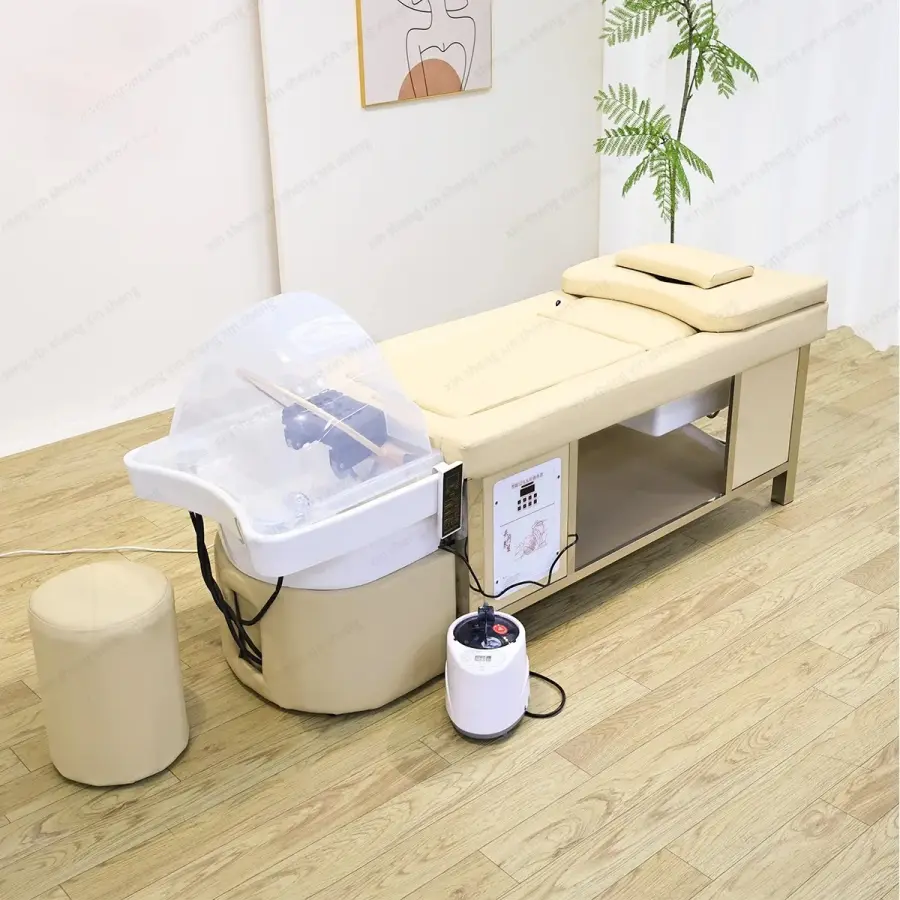 Thai Style Hair Washing Bed Combined With Moxibustion, Ceramic Basin, Equipped With Fumigation Machine and Lid, Small Stool — image 3