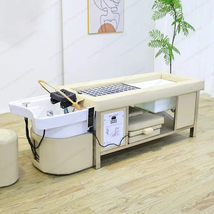 Thai Style Hair Washing Bed Combined With Moxibustion, Ceramic Basin, Equipped With Fumigation Machine and Lid, Small Stool — image 4