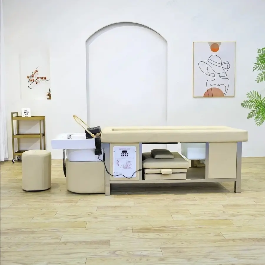 Thai Style Hair Washing Bed Combined With Moxibustion, Ceramic Basin, Equipped With Fumigation Machine and Lid, Small Stool — image 6