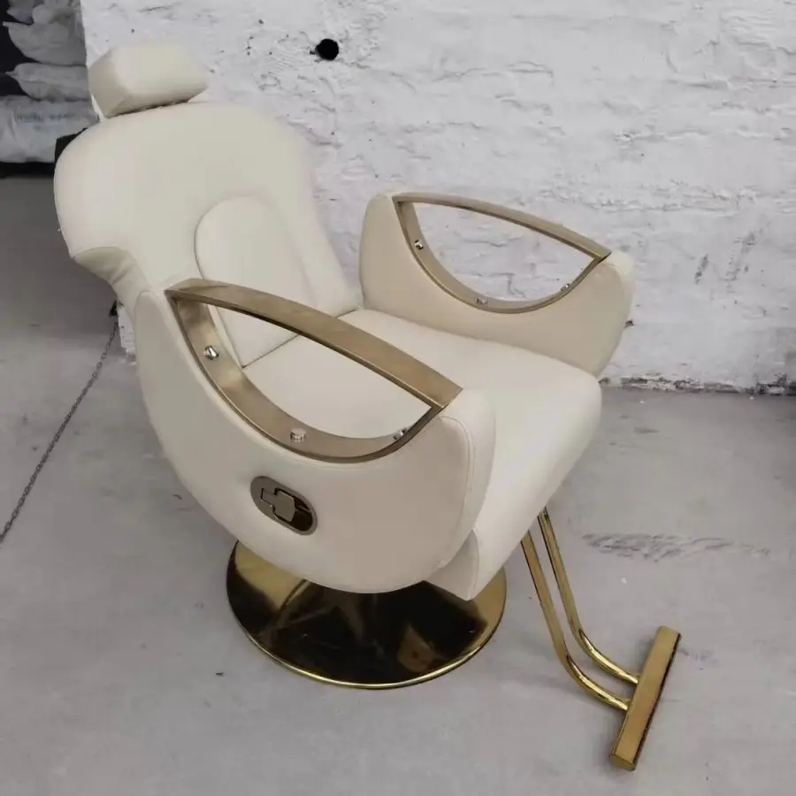 Beige and Gold Recliner Hair & Barber Salon Spa Hotel Chair Stainless Steel Beauty Salon Furniture — view 1