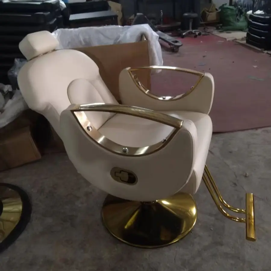 Beige and Gold Recliner Hair & Barber Salon Spa Hotel Chair Stainless Steel Beauty Salon Furniture — image 2