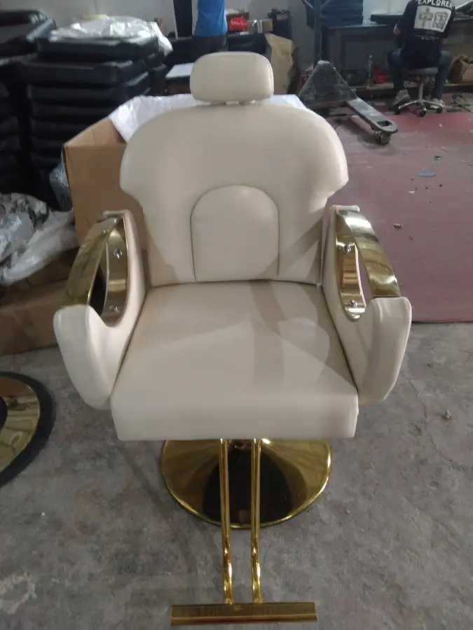 Beige and Gold Recliner Hair & Barber Salon Spa Hotel Chair Stainless Steel Beauty Salon Furniture — image 3