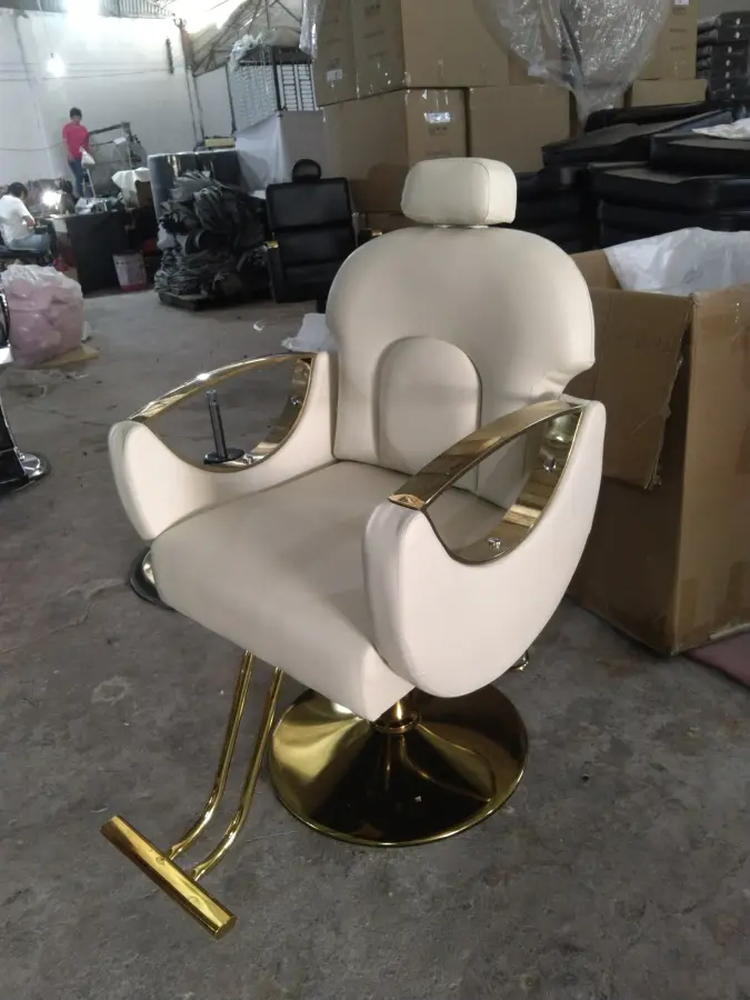 Beige and Gold Recliner Hair & Barber Salon Spa Hotel Chair Stainless Steel Beauty Salon Furniture — image 4