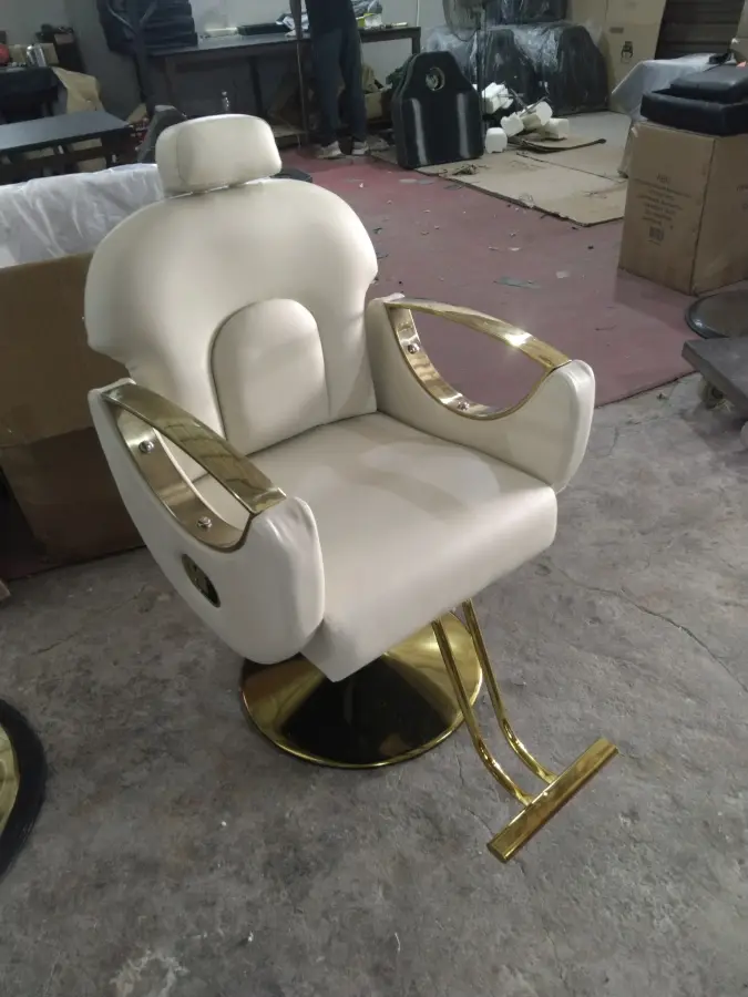 Beige and Gold Recliner Hair & Barber Salon Spa Hotel Chair Stainless Steel Beauty Salon Furniture — image 5