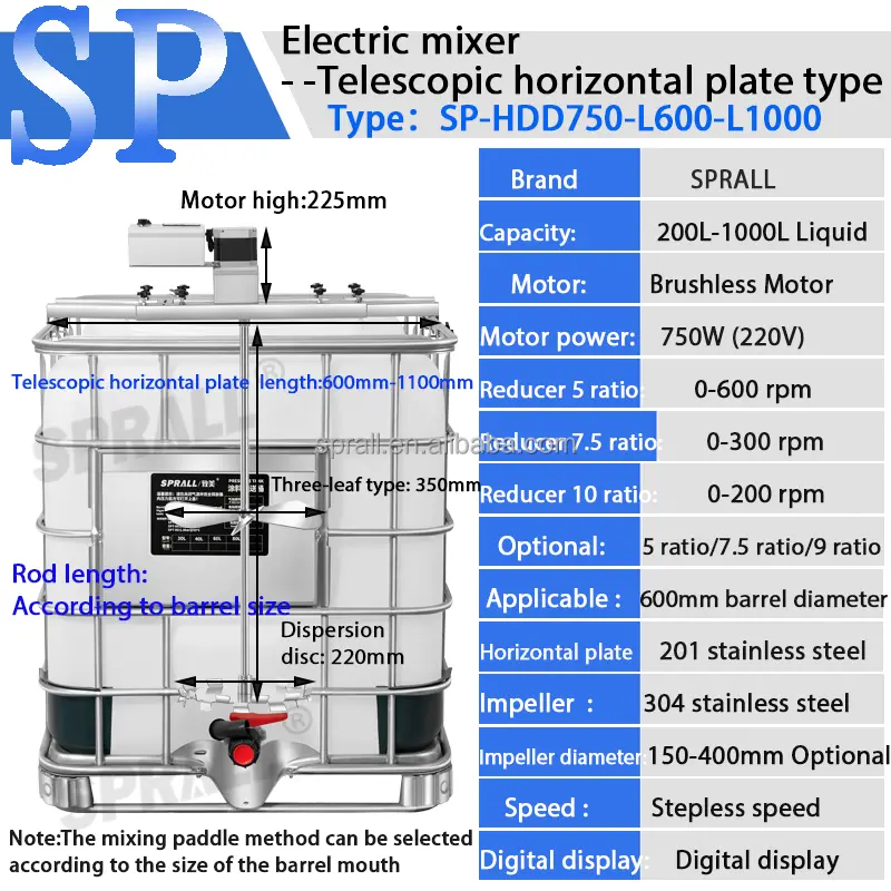 SPRALL Industrial Soap Lotion Perfume Dishwashing Mixer Machine Brushless Motor Agitator 1000L IBC Tank Tote 220V Food SUS304 — image 3