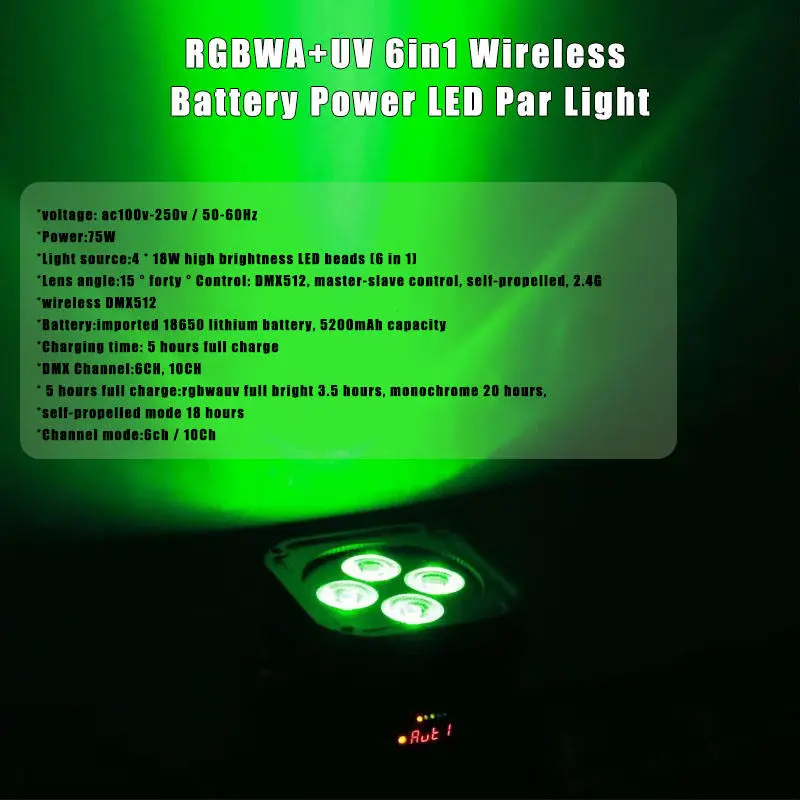 AOPU 4*18W RGBWA+UV 6In1 Led Par Lights With 10 Hours Battery Par Lights Uplights Battery Wireless Led Par Lights for DJ Wedding — image 3