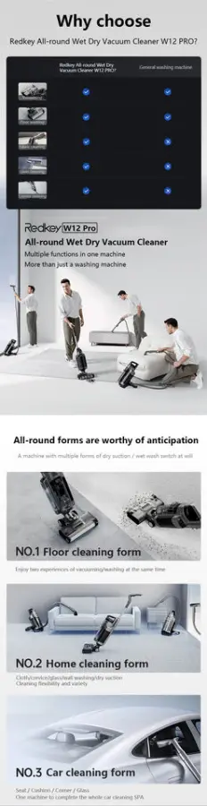 Redkey W12 Pro 3-in-1 Smart Cordless Vacuum Cleaner Wet/Dry Self-Cleaning HEPA Filtration Household Car Use LCD Brushless Motor — image 4