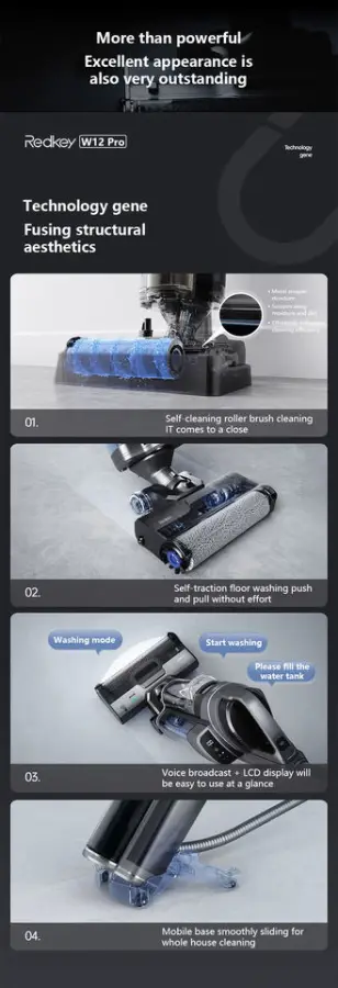 Redkey W12 Pro 3-in-1 Smart Cordless Vacuum Cleaner Wet/Dry Self-Cleaning HEPA Filtration Household Car Use LCD Brushless Motor — image 6