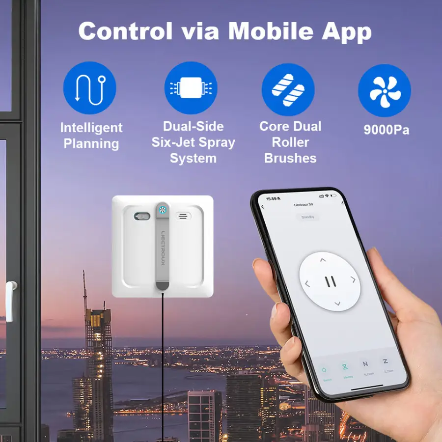 Window cleaning robot Liectroux S9,with 2 roller brushes,6-way water pump spray,9KPa,frameless works,app control,voice prompts — image 6