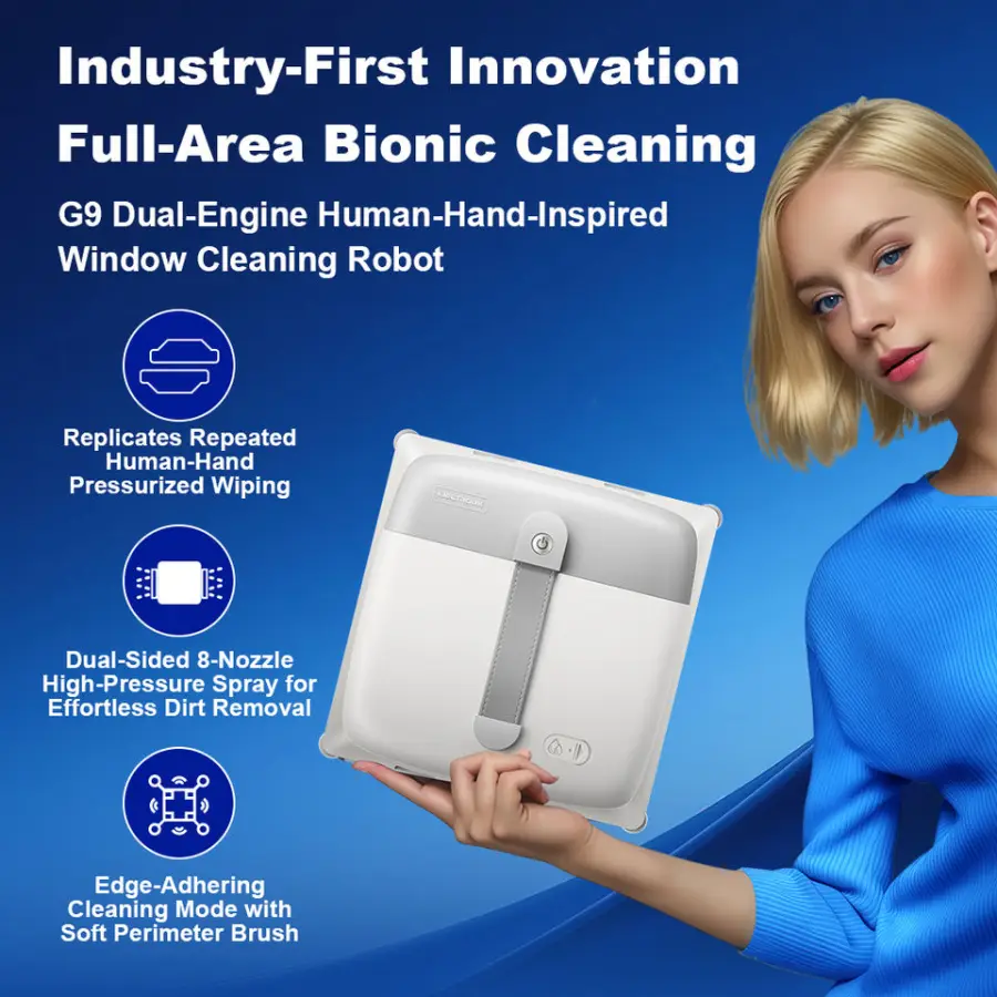 Window cleaning robot Liectroux G9, with 2 vibrating bionic arms, 8-way water pump spray,10KPa,frameless works,app,voice prompts — image 4