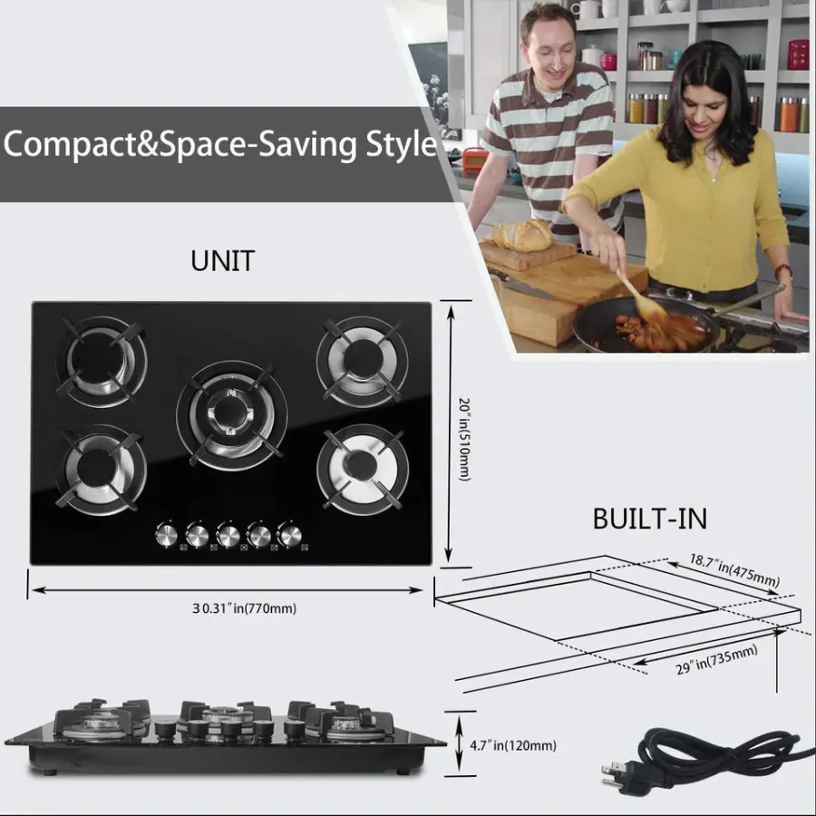 Home Appliance Cooktops 7mm Tempered Glass 5 Burner Enamel Rack Gas Hob Stainless Steel Gas Stove — view 5
