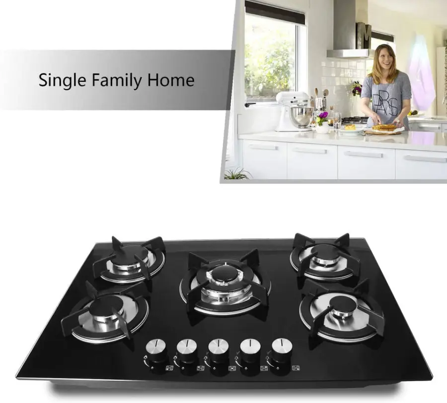 Home Appliance Cooktops 7mm Tempered Glass 5 Burner Enamel Rack Gas Hob Stainless Steel Gas Stove — view 6