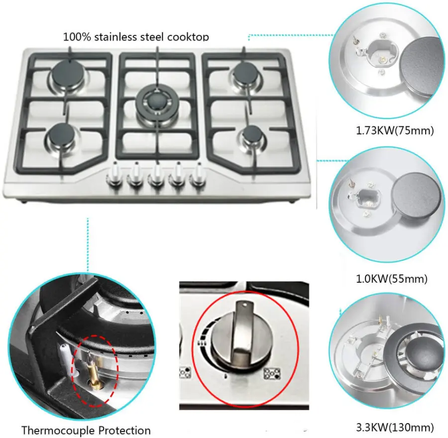 Built in 5 burner Gas Stove LPG LNG Universal Stove Home Stainless Steel Electronic Ignition Household Kitchen Cooker — image 5