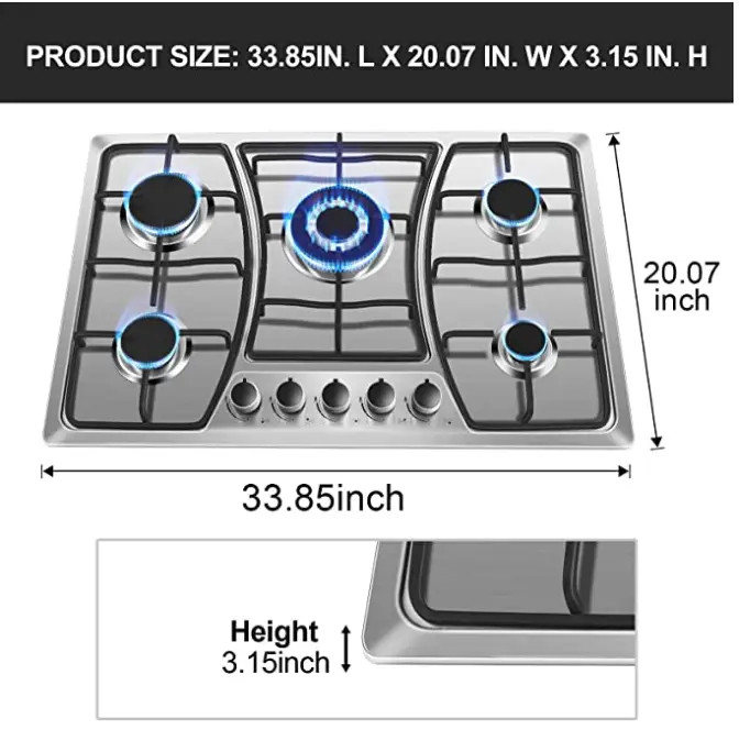 5 Burner Stainless Steel Gas Cooktop 5 Italy Sabaf Sealed Burners for Home Kitchen Gas Cooker — view 2