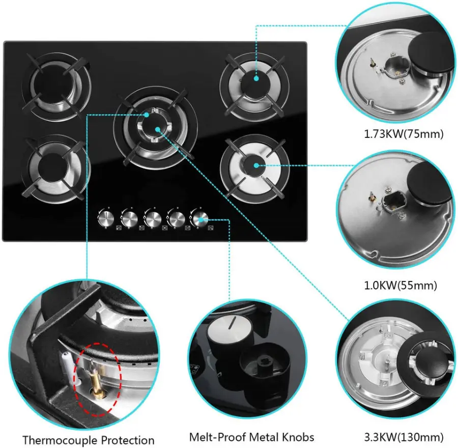 Built in 5 Burners Gas Stove Glass Top Kitchen Gas burner Cooktop Built-in Stoves Gas Cooker — view 3