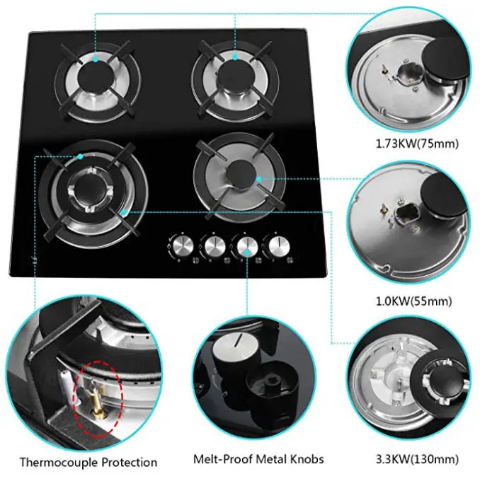 4 Burners Glass Top Gas Cooktop Built in Commercial Commercial Gas Stove burner — view 5