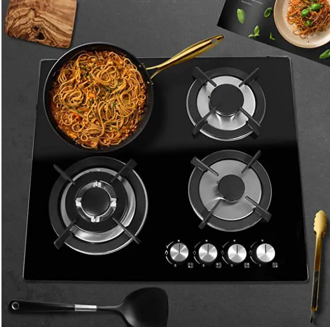 110 V Cooktops Kitchen 4 burner Gas Stove Built in Four Gas burner Glass Cooking Bench Black Solid Rv Cooker Yacht Gas H — view 5