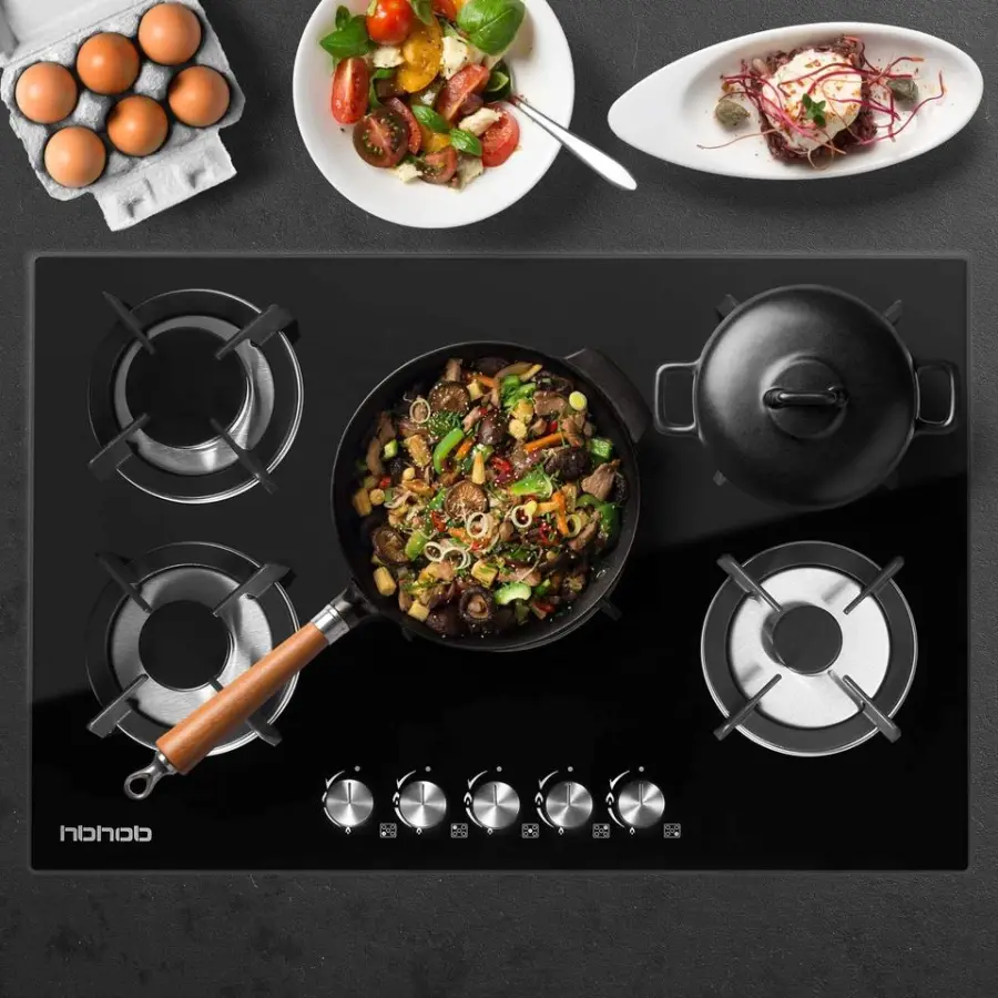 LNG Gas Hob 5 burner Gas Stove Built in Five Gas burner Glass Cooking Bench Black Rv Cooker Yacht Cooktops Kitchen Kitch — view 2