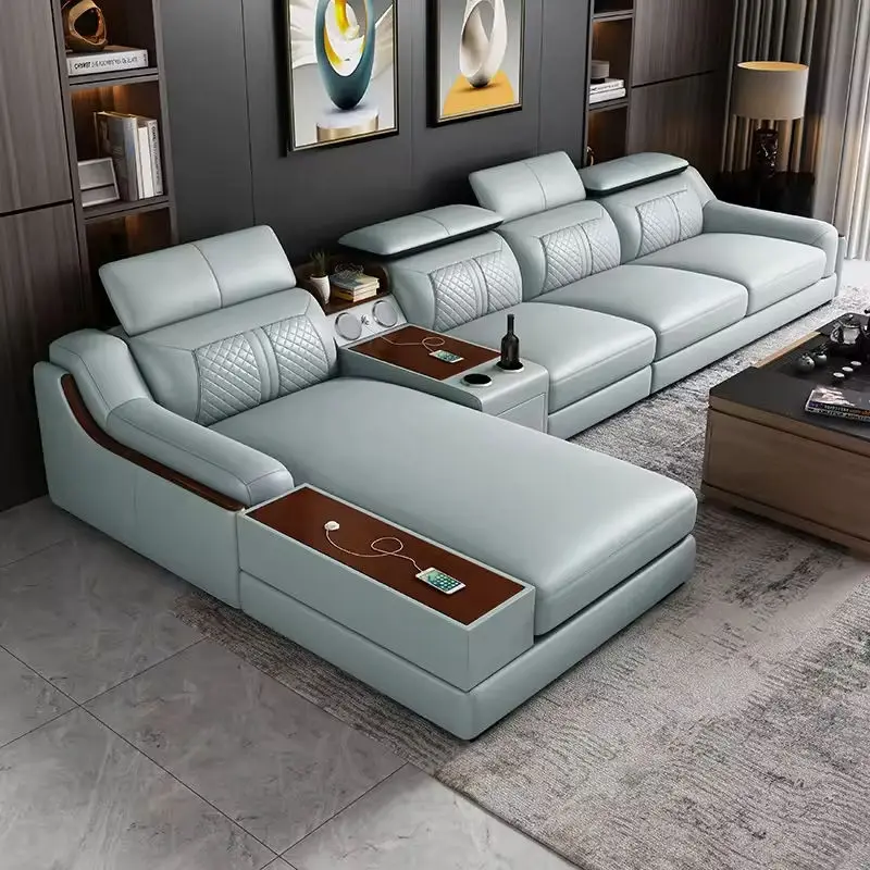 Modern Living Room Furniture Assembly L-shaped Leather Sofa with USB Port Bluetooth Sound Corner Sofa Set — view 1