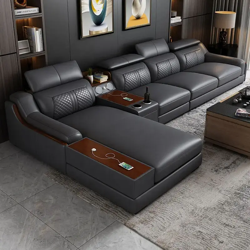 Modern Living Room Furniture Assembly L-shaped Leather Sofa with USB Port Bluetooth Sound Corner Sofa Set — image 2