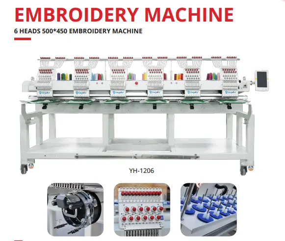 YINGHE 2026NEW 6 Head 9/12/15 Needle Embroidery Machine Tshirt Flat Cap X500 Y450 ServoMotor 1200RPM Touch-Screen USB Me — view 4