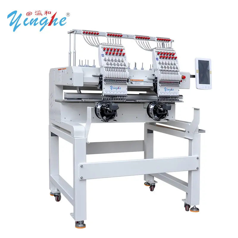 FESPA Spain Expo YINGHE 2 Head 9/12/15 Needle Embroidery Machine Tshirt Flat Cap Sock Shoe 1200RPM Touch Screen Panel US — view 1
