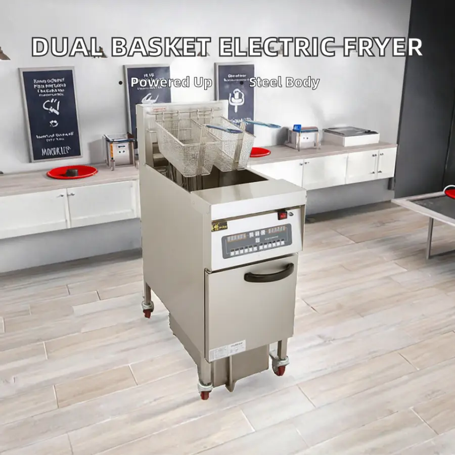 Commercial Electric Stainless Steel Deep Fryer Oil Filter Two Baskets 9KW Power for Crispy Fried Chicken Pork Chop Potato Chips — image 3
