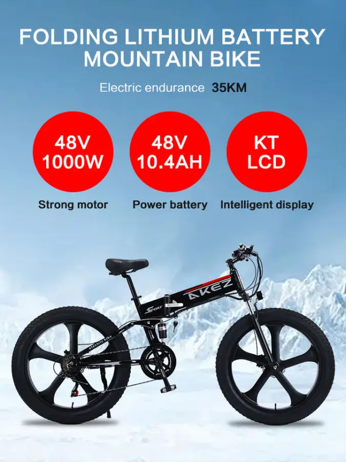 Akez LH-Snow 26" Foldable 1000W E-Bike | 48V 10.4Ah, 4.0 Fat Tires & Dual Suspension | Snow & All-Terrain Adventure Cruiser — image 6