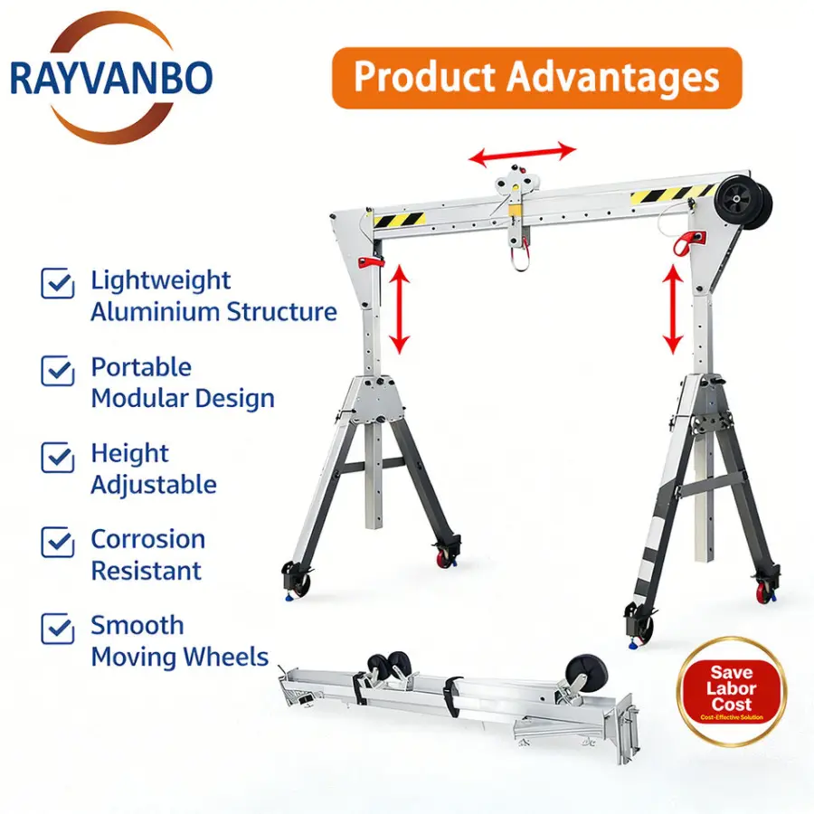 Lightweight Adjustable Height Mini Electric Mobile Portable Aluminium Gantry Crane with Remote Control — image 3