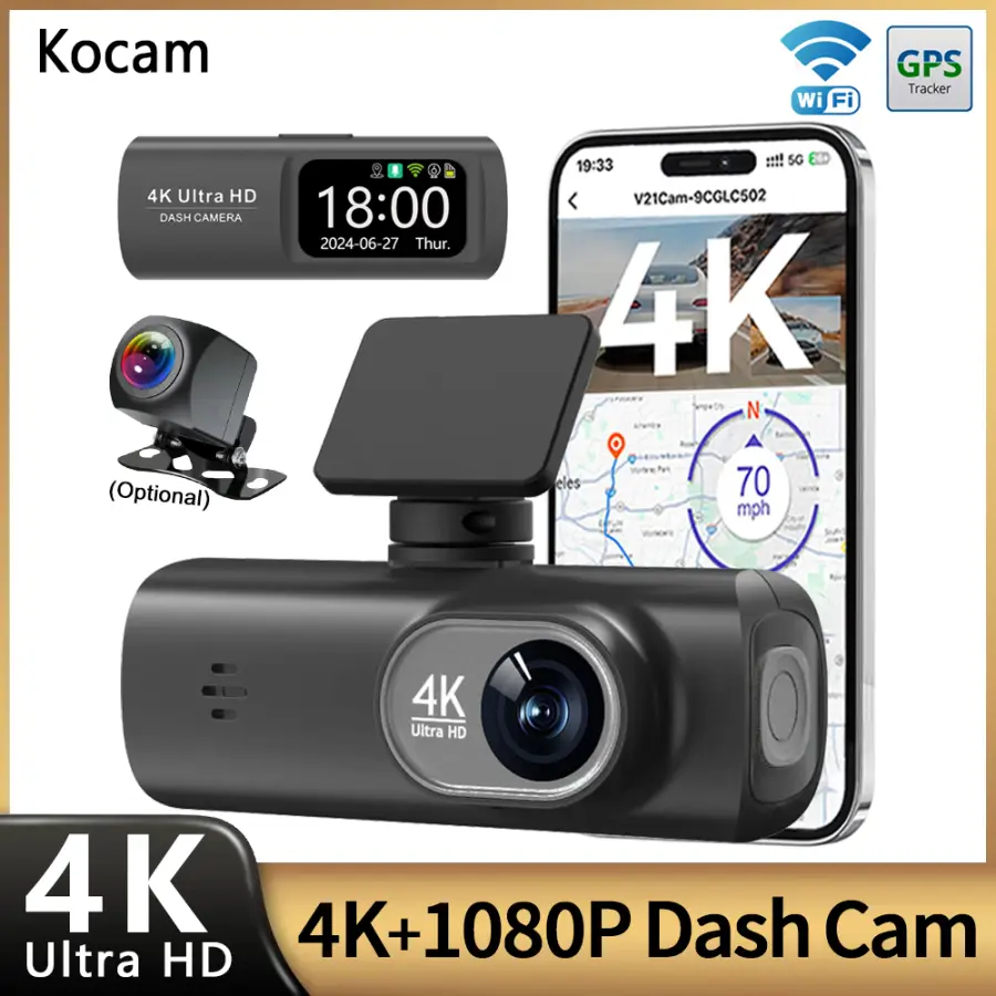 UHD 4K WiFi Dash Cam Dual Lens Driving Recorder Car DVR Optional 1080P Rear Lens Camera GPS 24H Parking Monitoring Black — view 1
