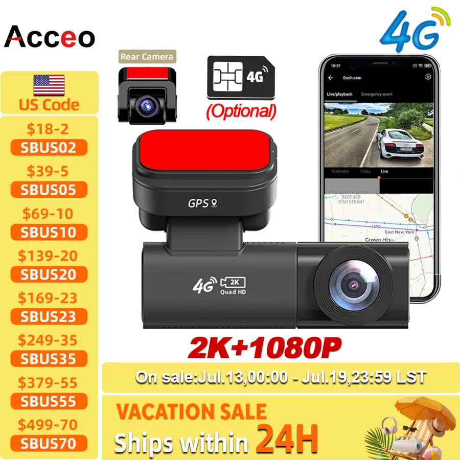 Acceo 4G LTE Car Dashcam with GPS Tracking 2K Front and Rear Camera Collision Warning and Live View Human Detection Car — view 1