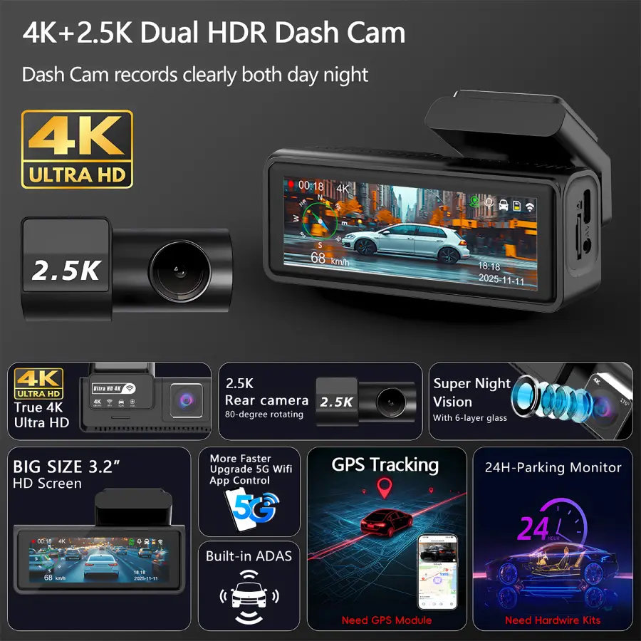 ADAS Dash Cam 4K+2.5K GPS WIFI 24H Night Vision Mini Optional Rear Lens Dashcam Car DVR Video Recorder Camera For Car Black Box — image 3