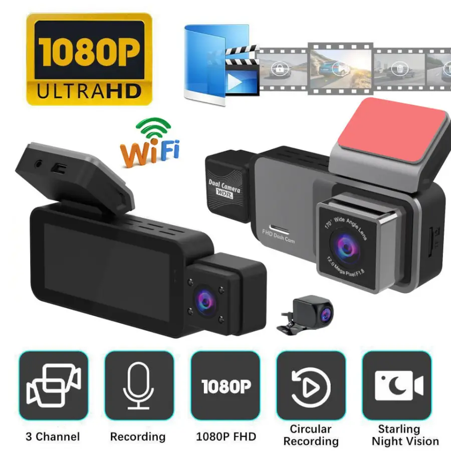 3 Channel Dash Cam 1080P Front and Rear Inside Triple Car Video Recorder Car DVR Camera With Night Vision for Car Taxi — image 2