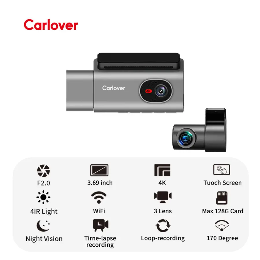 Carlover 3 Lens Wifi Front Inside Rear Camera 4K Dash Cam 4k Car Black Box Car Dash DVR Video Camera — view 2