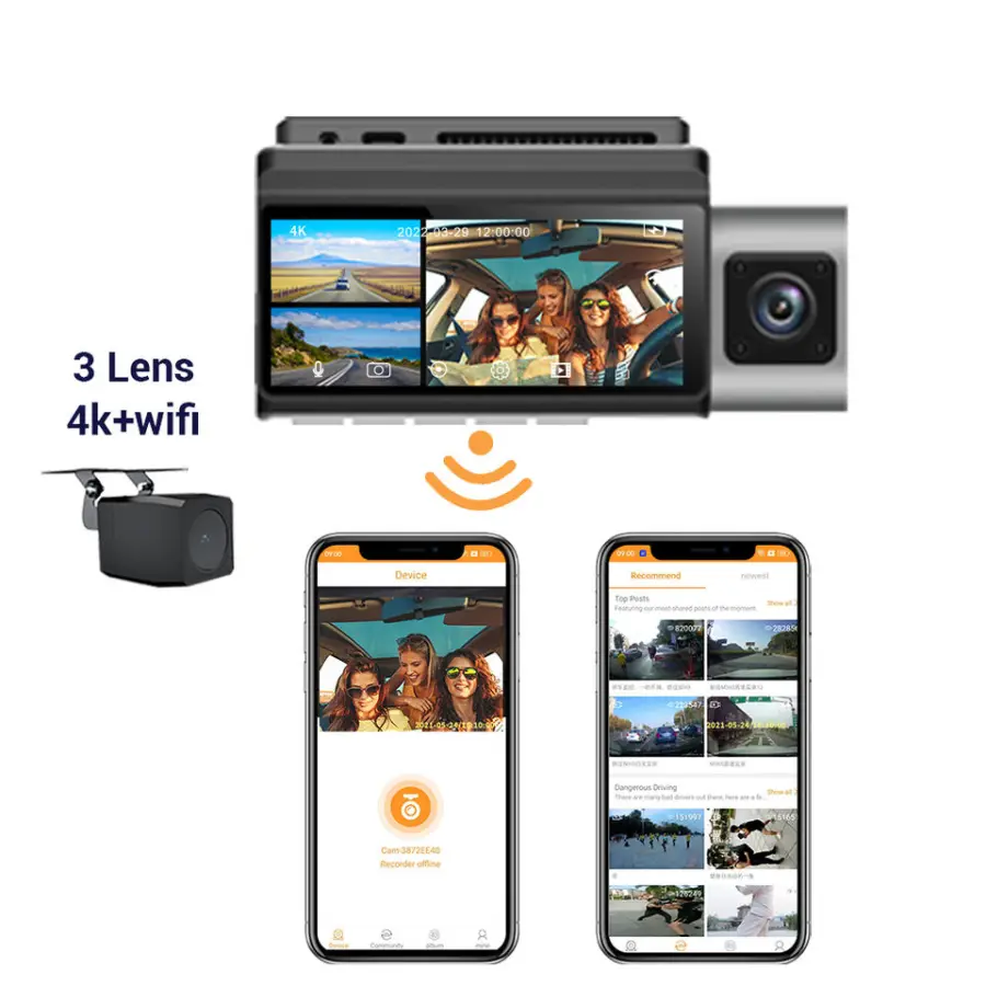 Carlover 3 Lens Wifi Front Inside Rear Camera 4K Dash Cam 4k Car Black Box Car Dash DVR Video Camera — view 3