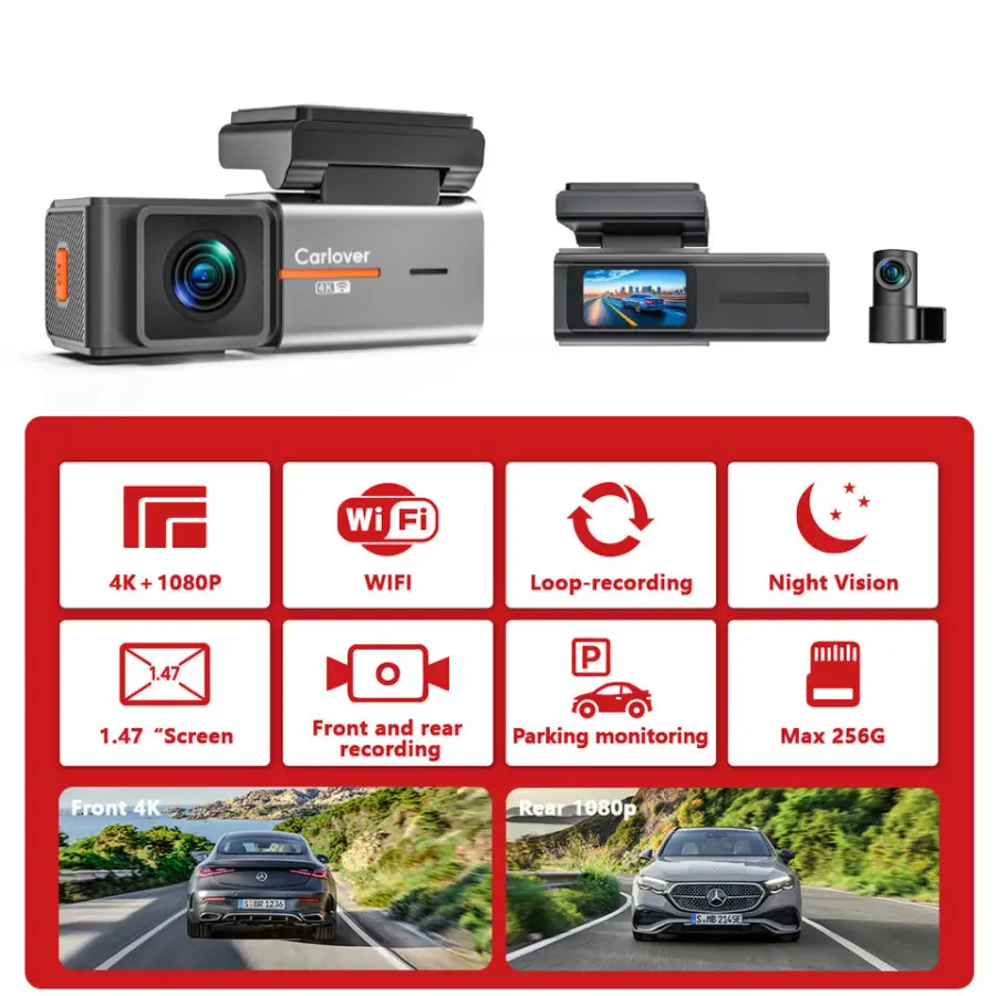 1.47 Inch 4k Carlover Dash Cam Wifi Car Front and Rear Dash Cam Car Dash Camera 4k Front and Rear Dash Camera for Car — view 2