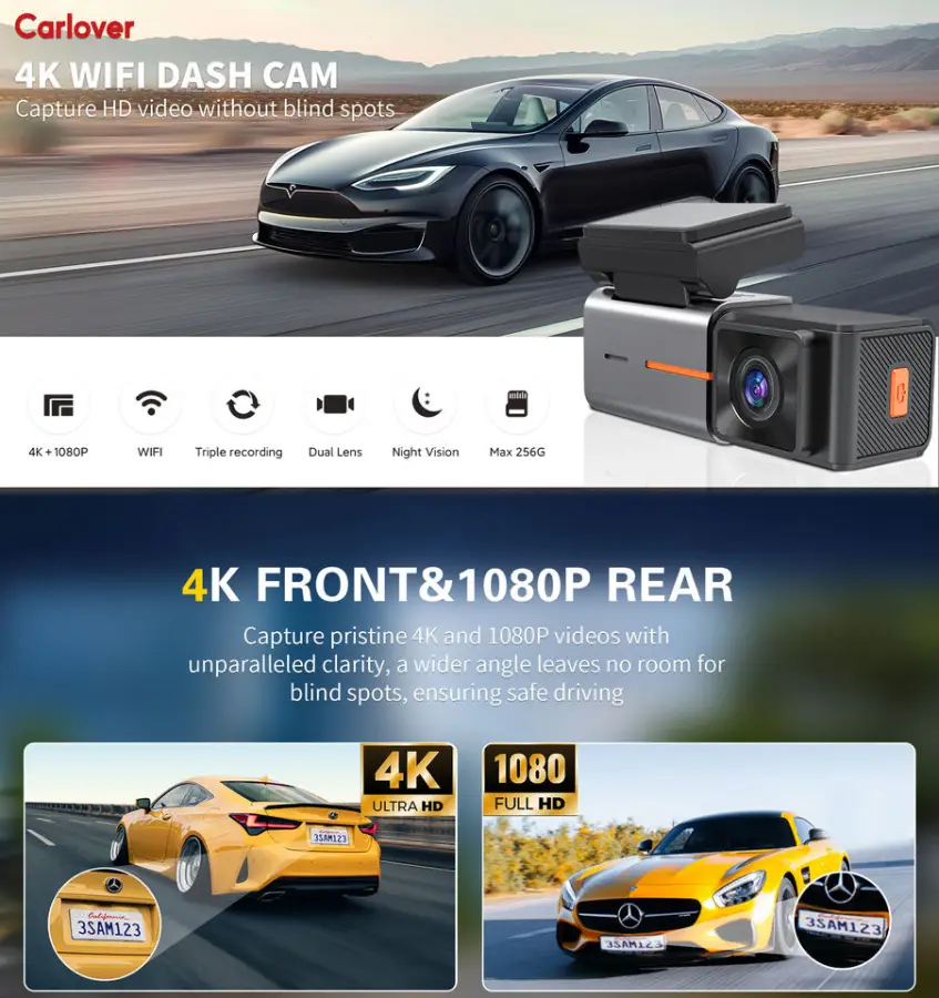 4k DashCam Wif Rearview Hidden 2 Way Dashcam Dvr Wifi Car Front 4k Front and Rear Camera 2 Channel Car Camera — image 5