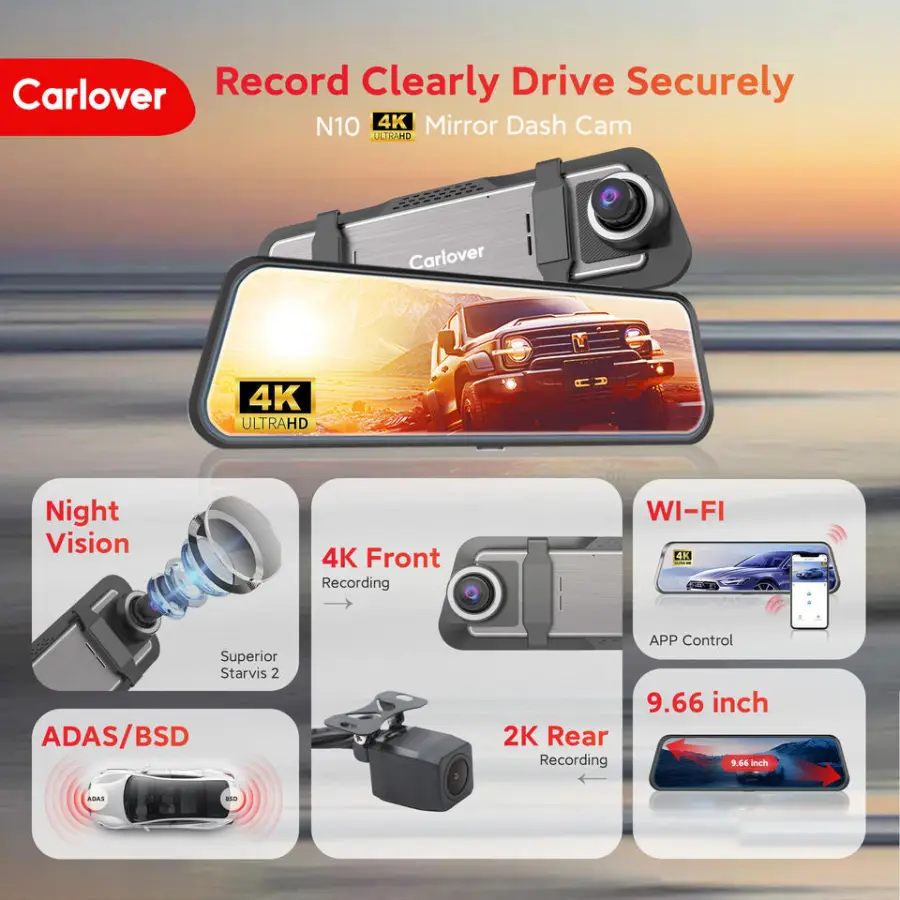 WIFI 4K+2K 9.66 Inch ADAS BSD Dashcam 4k Front and Rear Camera Car Dash Cam 4k Black Box Rear View Mirror Camera Dashcam for Car — image 2