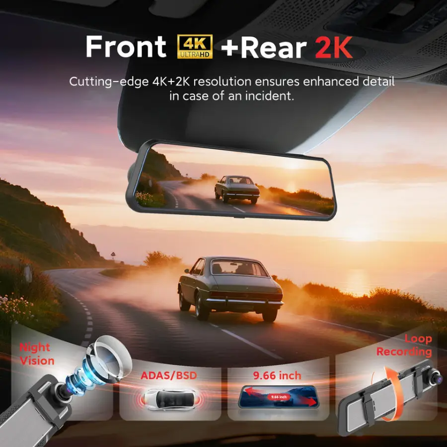 WIFI 4K+2K 9.66 Inch ADAS BSD Dashcam 4k Front and Rear Camera Car Dash Cam 4k Black Box Rear View Mirror Camera Dashcam for Car — image 3