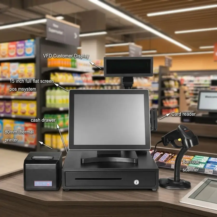 15" Flat Capacitive Touch All in One POS Machine 1024*768 Mitsubishi Sharp Panel for Supermarket Restaurant Retail Check — view 1