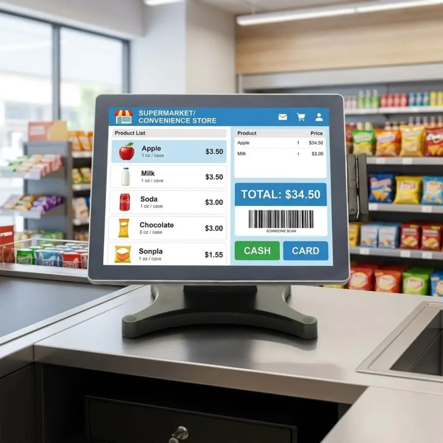 15" True Flat Capacitive Touch Industrial All in One Panel PC Retail Cash Register Terminal for Supermarket Convenience Store — image 3