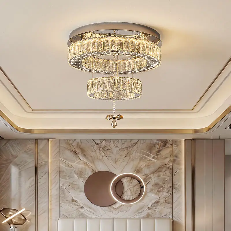 Modern Luxury Crystal Ceiling Lamp Villa Restaurant Round Stainless Steel Home LivingRoom Bedroom LED Hotel Ceiling Ligh — view 3