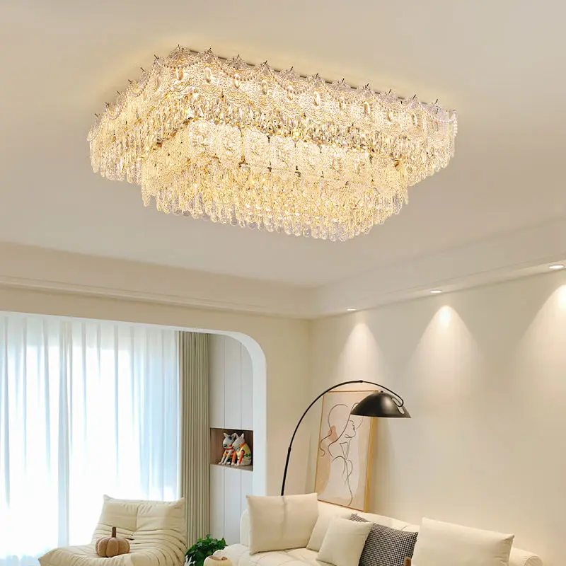 French Luxury Gold Crystal Iron Glass LED Ceiling Lamp for Living Room Rectangle Dimmable Bedroom Hotel Lobby Ceiling Li — view 1