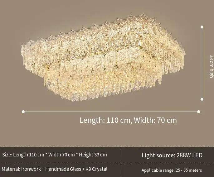French Luxury Gold Crystal Iron Glass LED Ceiling Lamp for Living Room Rectangle Dimmable Bedroom Hotel Lobby Ceiling Li — view 3