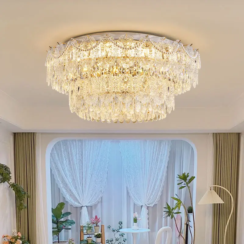 French Luxury Gold Crystal Iron Glass LED Ceiling Lamp for Living Room Rectangle Dimmable Bedroom Hotel Lobby Ceiling Li — view 4