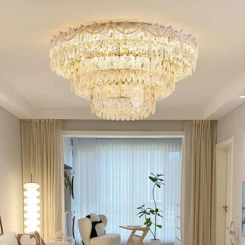 French Luxury Gold Crystal Iron Glass LED Ceiling Lamp for Living Room Rectangle Dimmable Bedroom Hotel Lobby Ceiling Li — view 5